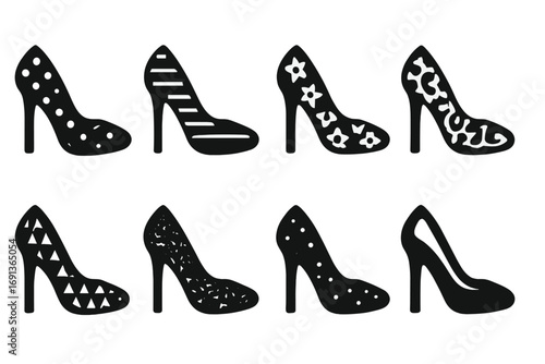 Stylish Shoe Icons. Solid, filled icon set of heel shoe patterns: polka dots, stripes, floral, animal print, geometric, lace