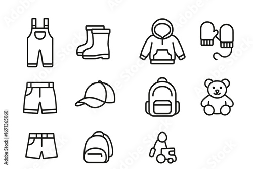 Kids Seasonal Clothing Icons. Outline icon set of kids seasonal wear: overalls, rain boots, hoodie, mittens,