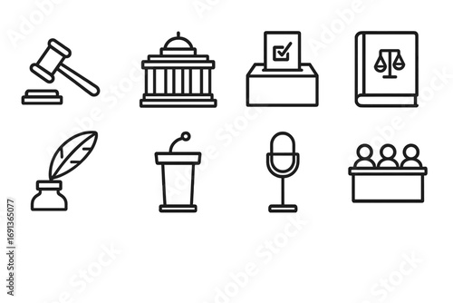 Legislative Icon Set. Outline icon set of Legislative process: gavel, parliament building, voting ballot, law