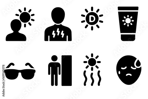 Sun Effects Icons. Solid, filled icon set of sun effects: tanning, sunburn, vitamin D, sunscreen, sunglasses, shadow, heat wave,