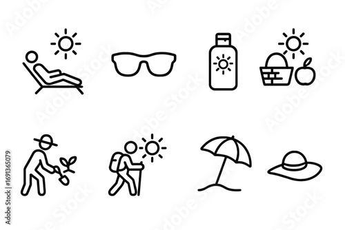 Sunshine Activity Icons. Outline icon set of sunlight and human activities: sunbathing, sunglasses, sunscreen bottle, outdoor