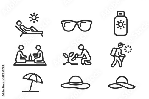 Sunshine Activity Icons. Outline icon set of sunlight and human activities: sunbathing, sunglasses, sunscreen bottle, outdoor