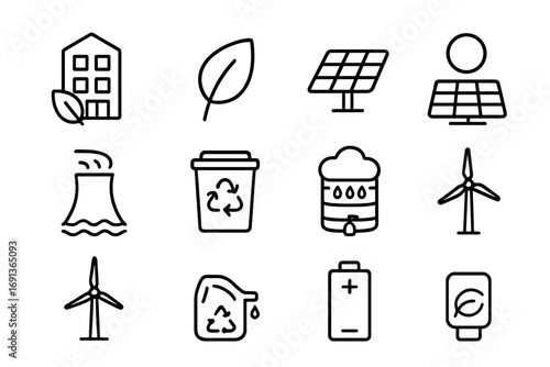 Sustainable Infrastructure Icons. Outline icon set of sustainable infrastructure: eco building, leaf, solar