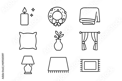 Seasonal Decor Icons. Outline icon set of seasonal home decor: candle, wreath, blanket, pillow, vase, curtain,