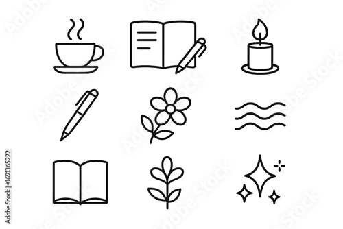 Mindfulness Icon Array. Outline icon set of daily mindfulness: tea cup, journal, pen, candle flame, flower,