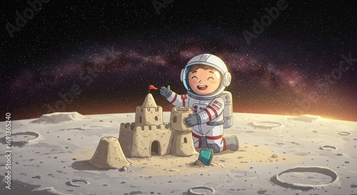 Astronaut Building Sandcastle on the Moon A Child's Space Adventure