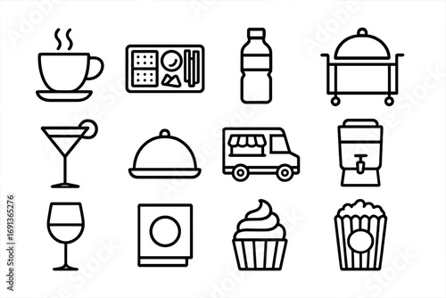 Food and Hospitality Icons. Outline icon set of food and hospitality at expos: coffee cup, snack tray, water bottle, catering cart
