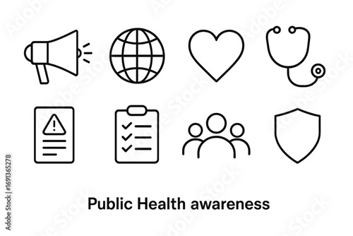 Public Health Icon Set. Outline icon set of public health awareness: loudspeaker, globe, heart icon,