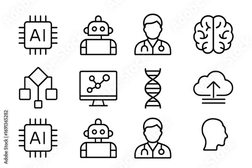 AI Health Education Icons. Outline icon set of AI in health education: AI chip, robot, doctor figure, brain,