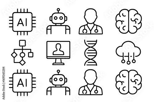 AI Health Education Icons. Outline icon set of AI in health education: AI chip, robot, doctor figure, brain,