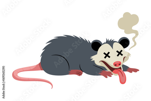 Funny cartoon opossum vector illustration depicting a humorous 'playing dead' pose with cross-eyes and tongue out, ideal for playful animal-themed designs and children's content
