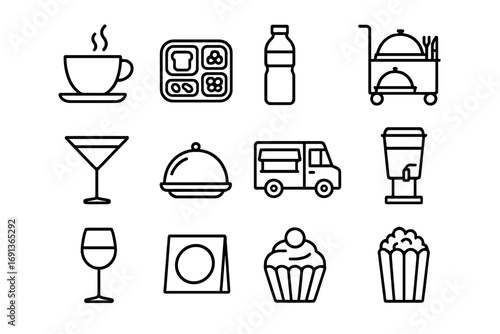 Food and Hospitality Icons. Outline icon set of food and hospitality at expos: coffee cup, snack tray, water bottle, catering cart