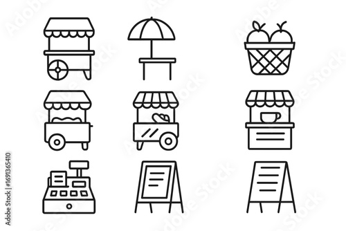 Street Vendor Icons. Outline icon set of street vendors: food cart, umbrella stand, fruit basket, hotdog stall