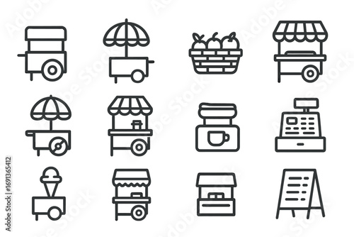 Street Vendor Icons. Outline icon set of street vendors: food cart, umbrella stand, fruit basket, hotdog stall