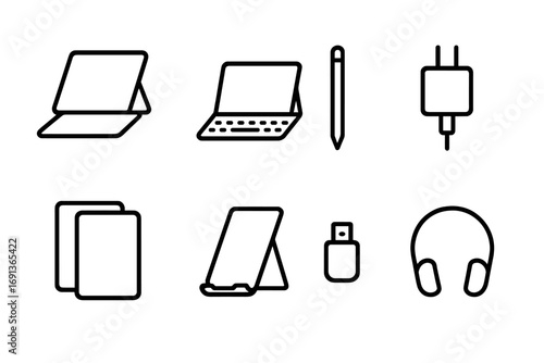 Tablet Accessories Icons. Outline icon set of tablet accessories: case, keyboard cover, stylus, charger, screen protector, stand,