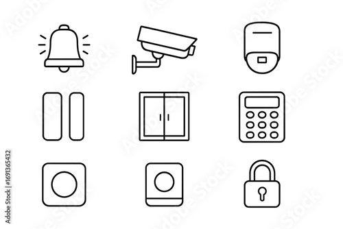 Smart Security Icons. Outline icon set of Smart security systems: alarm, surveillance camera, motion detector,