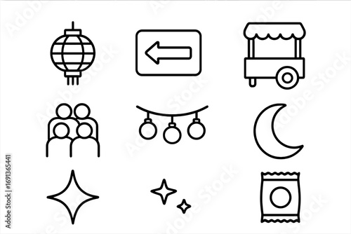 Night Market Icons. Outline icon set of night market: lantern, neon sign, food cart, crowd, string lights,