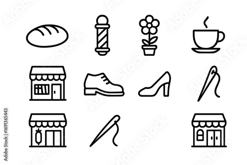 Local Business Icons. Outline icon set of small local businesses: bakery, barber pole, flower shop, cafe cup,