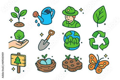 Forest Conservation Icons. Colorful isometric vector icons set of forest conservation: sapling, watering can, forest ranger, green
