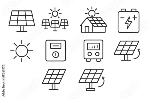 Solar Power Icons. Outline icon set of Solar power: photovoltaic panel, solar farm, solar roof, solar battery,
