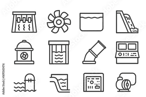 Hydropower Icons Grid. Outline icon set of Hydropower: dam, water turbine, reservoir, spillway, hydroelectric