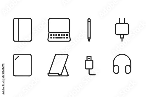 Tablet Accessories Icons. Outline icon set of tablet accessories: case, keyboard cover, stylus, charger, screen protector, stand,