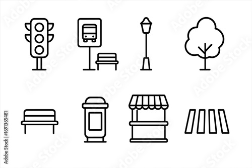 Urban Street Icons. Outline icon set of urban street life: traffic light, bus stop, lamppost, tree, bench,