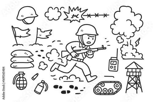 Tactical Retreat Doodle. Hand-drawn doodle illustration Tactical withdrawal scene soldier running, helmet, rifle, explosion, smoke