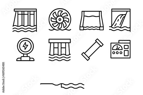 Hydropower Icons Grid. Outline icon set of Hydropower: dam, water turbine, reservoir, spillway, hydroelectric