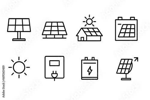 Solar Power Icons. Outline icon set of Solar power: photovoltaic panel, solar farm, solar roof, solar battery,