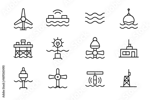 Tidal Energy Icons. Outline icon set of Tidal and wave energy: tidal turbine, wave generator, ocean current,