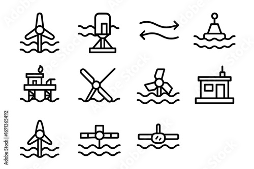 Tidal Energy Icons. Outline icon set of Tidal and wave energy: tidal turbine, wave generator, ocean current,