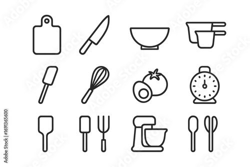 Cooking Icon Set. Outline icon set of Cooking preparation: cutting board, knife, mixing bowl, measuring cups,