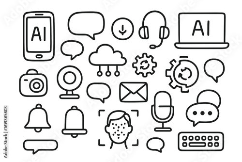 Tech Communication Doodles. Hand-drawn doodle illustration AI in communication smartphone, chat bubble, voice assistant, laptop,