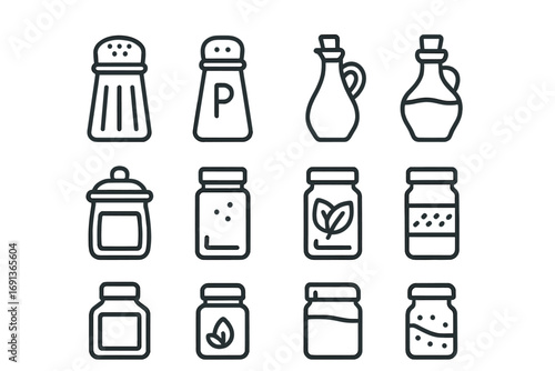 Kitchen Condiments Icons. Outline icon set of Kitchen condiments: salt, pepper, oil bottle, vinegar bottle,