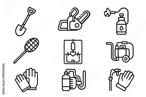 Eradication Tools Icons. Outline icon set of eradication methods: shovel, chainsaw, herbicide spray, fire
