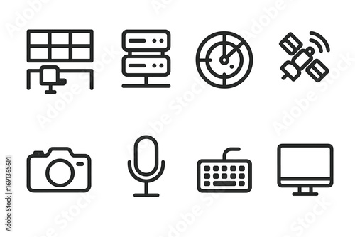 Tech Command Icons. Outline icon set of command environment: control room, server rack, radar, satellite, camera, microphone,