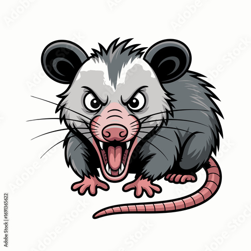 Furious opossum with bared teeth, an angry rodent in a cartoon vector illustration, aggressive mammal with sharp claws