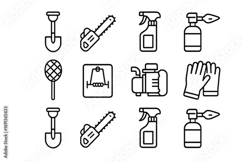 Eradication Tools Icons. Outline icon set of eradication methods: shovel, chainsaw, herbicide spray, fire