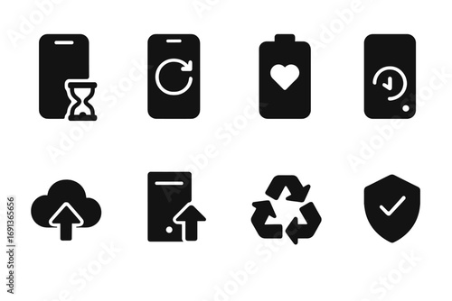 Tech Lifespan Icons. Solid, filled icon set of lifespan in technology: device aging, software update, battery health, data backup,