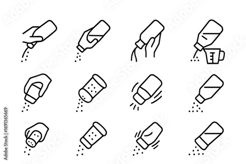 Pouring Technique Icons. Outline icon set of Pouring techniques: hand tilt, shaker angle, controlled flow,