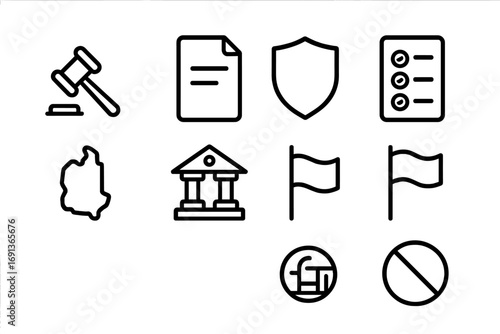 Legislation Icons Set. Outline icon set of legislation and control: gavel, document, shield, checklist, map,