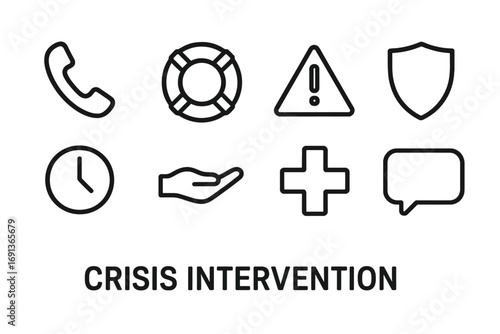 Crisis Intervention Icons. Outline icon set of crisis intervention: phone, lifebuoy, warning triangle, shield,