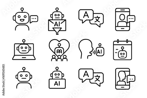 AI Communication Icons. Outline icon set of AI in communication: chatbots, email filter, language translation,