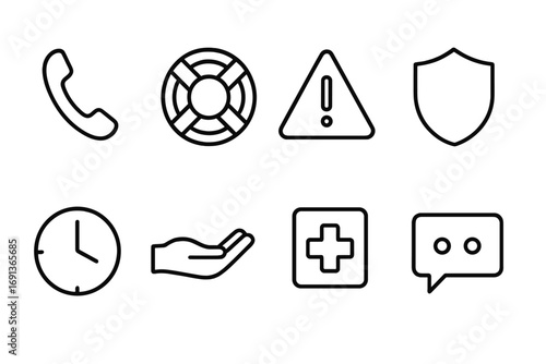 Crisis Intervention Icons. Outline icon set of crisis intervention: phone, lifebuoy, warning triangle, shield,