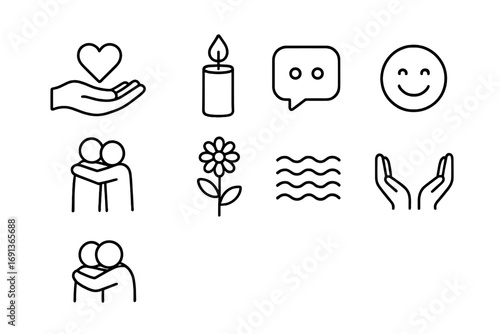 Emotional Support Icons. Outline icon set of emotional support: heart in hand, candle, chat bubble, smiling
