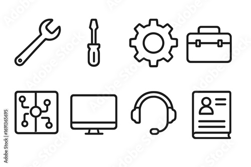 Technical Assistance Icons. Outline icon set of technical assistance: wrench, screwdriver, gear, toolbox, circuit board, computer