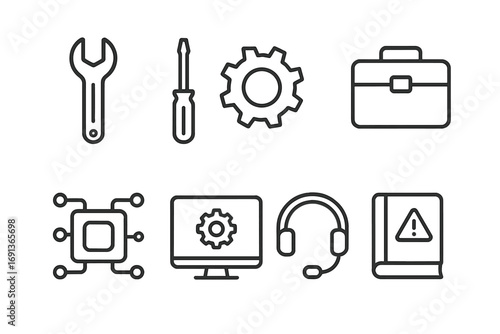 Technical Assistance Icons. Outline icon set of technical assistance: wrench, screwdriver, gear, toolbox, circuit board, computer