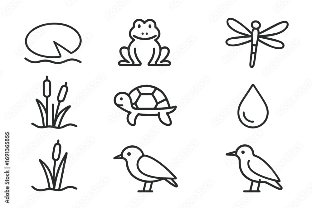 Naklejka premium Freshwater Ecosystem Icons. Outline icon set of freshwater ecosystems: lily pad, frog, fish, dragonfly,