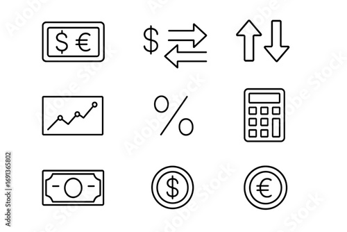 Currency Exchange Icons. Outline icon set of exchange rate display: digital screen, currency pair, arrows up